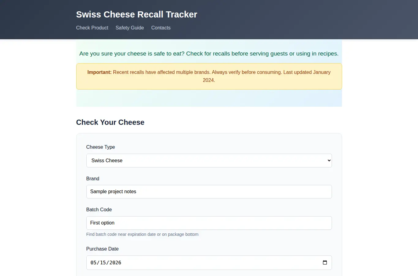 Screenshot of Swiss Cheese Recall Tracker interface showing the project page in use